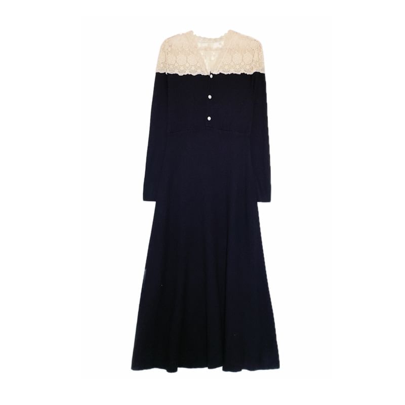 Maternity Long Sleeve Long Sleeve V-Neck Button Lace Panel Knit Maxi A-Line Dress