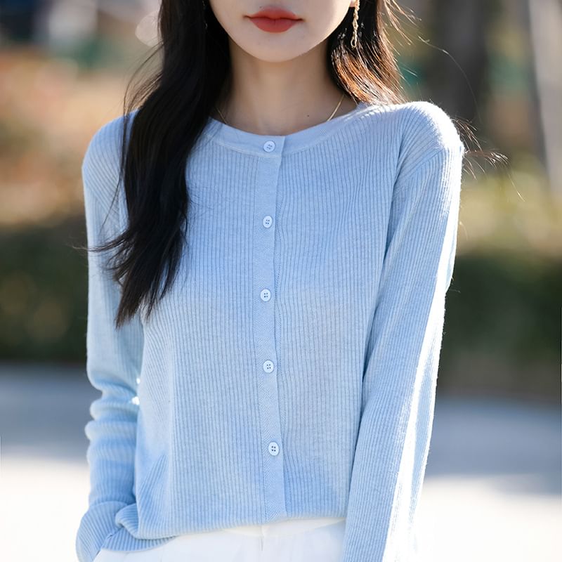 Round Neck Plain Ribbed Knit Cardigan