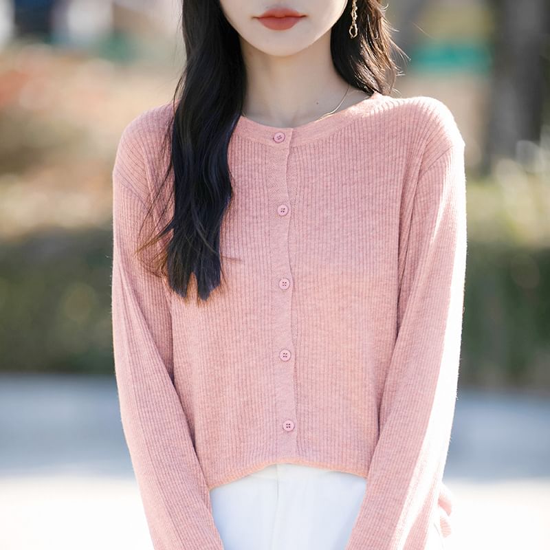 Round Neck Plain Ribbed Knit Cardigan