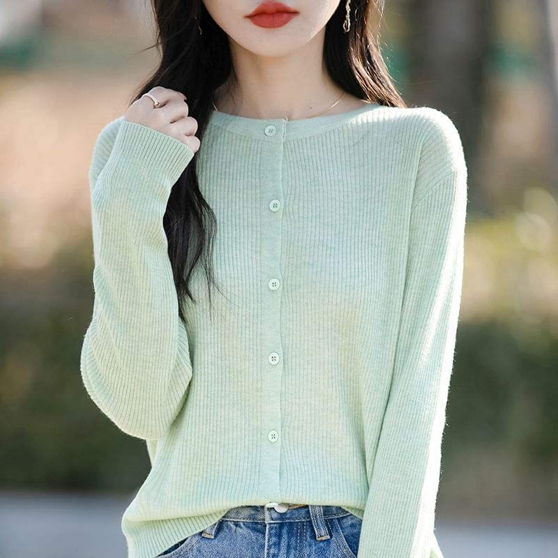 Round Neck Plain Ribbed Knit Cardigan