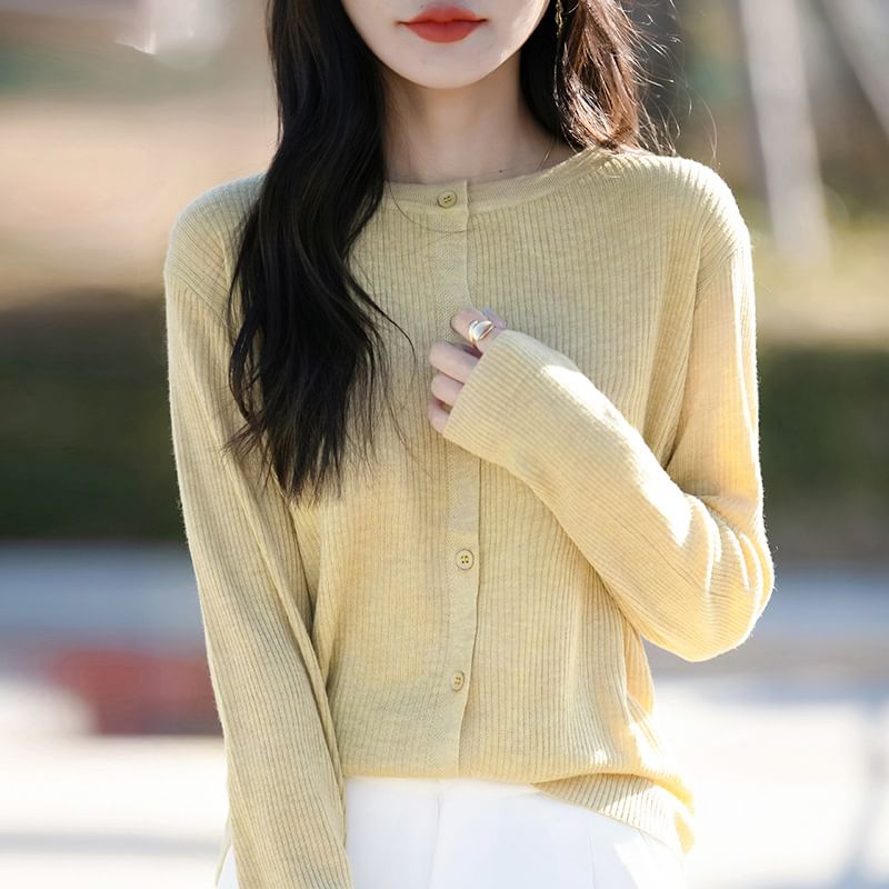 Round Neck Plain Ribbed Knit Cardigan