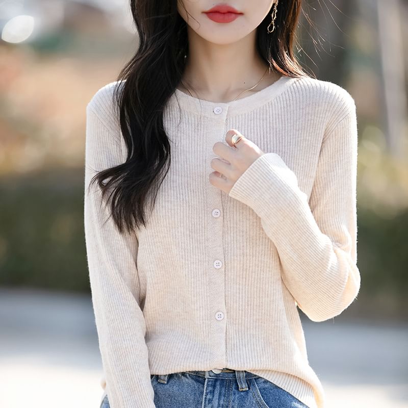 Round Neck Plain Ribbed Knit Cardigan