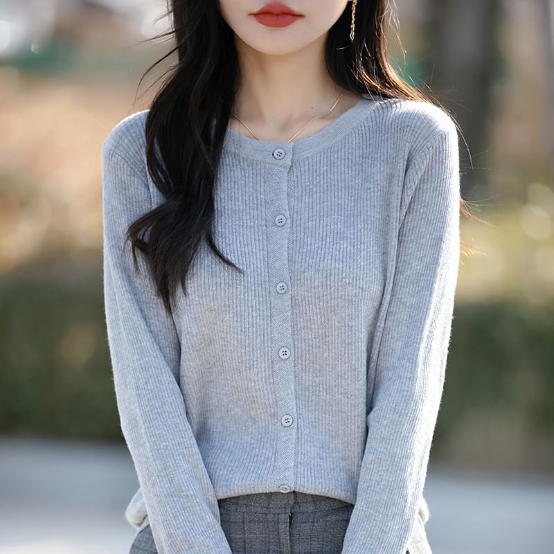 Round Neck Plain Ribbed Knit Cardigan