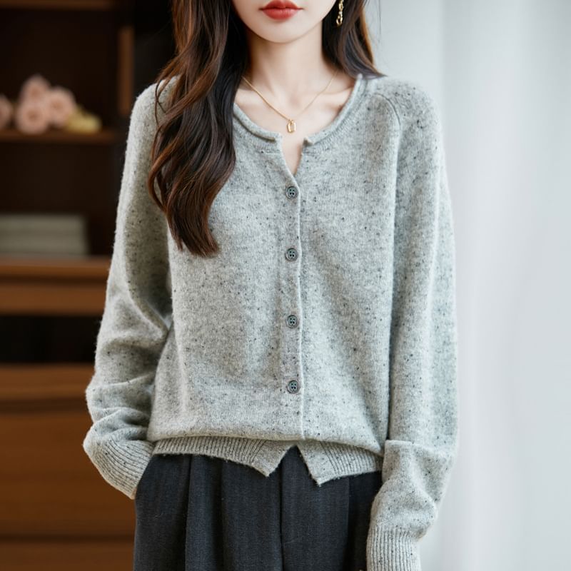 Round Neck Melange Button Up Cardigan