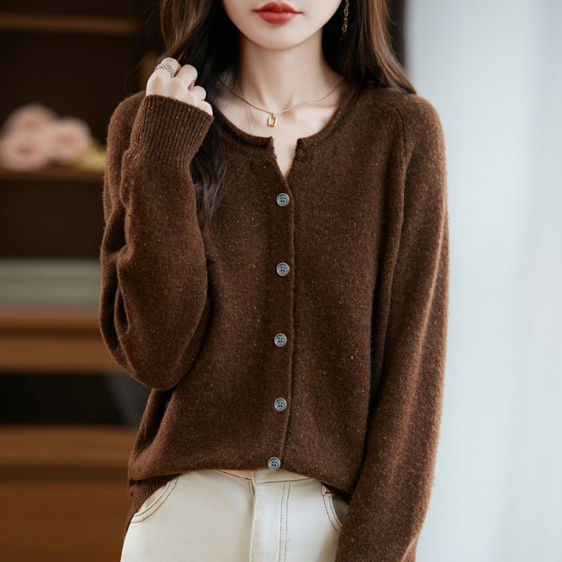 Round Neck Melange Button Up Cardigan