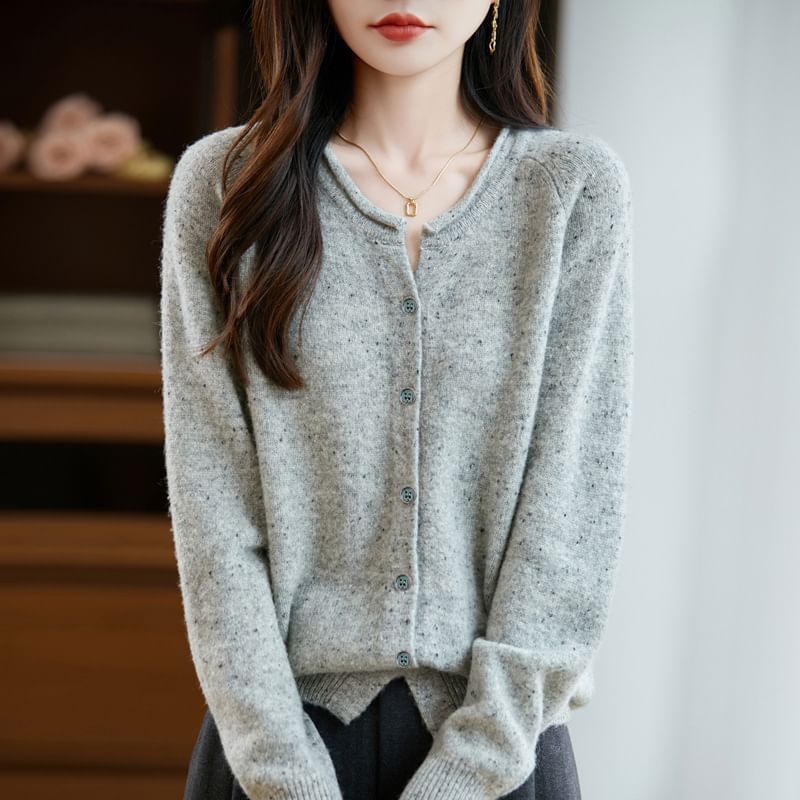 Round Neck Melange Button Up Cardigan