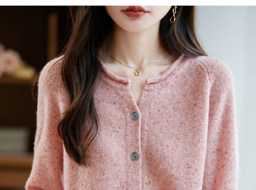 Round Neck Melange Button Up Cardigan