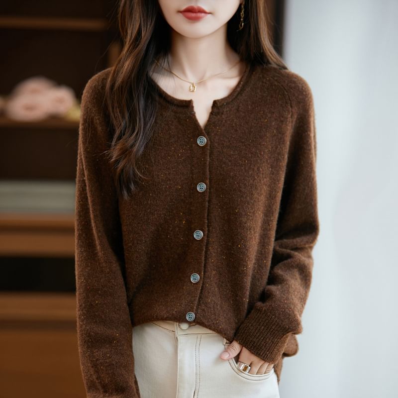 Round Neck Melange Button Up Cardigan