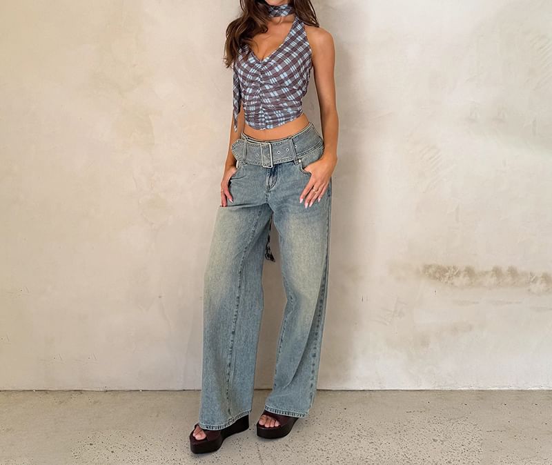 Plaid Ruched Halter Blouse