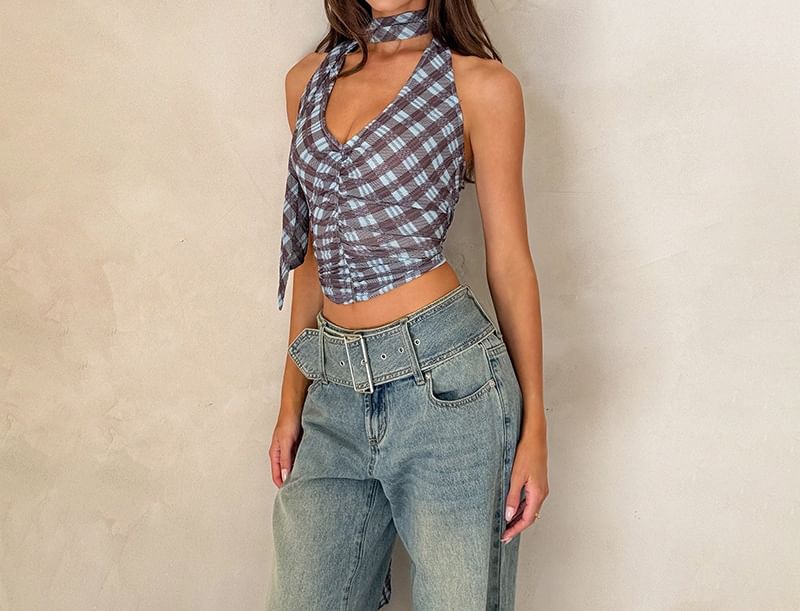 Plaid Ruched Halter Blouse