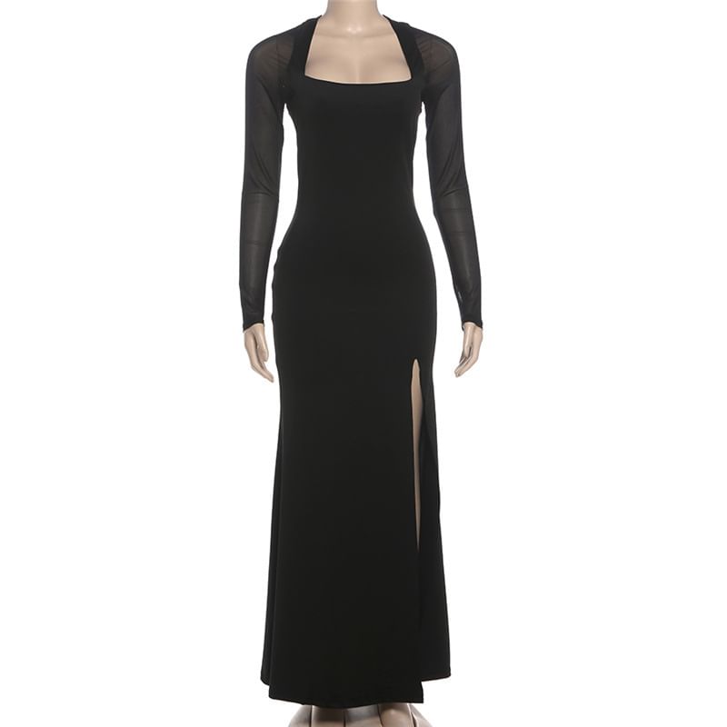 Long Sleeve Square Neck Plain Slit Panel Mesh Maxi Mermaid Dress