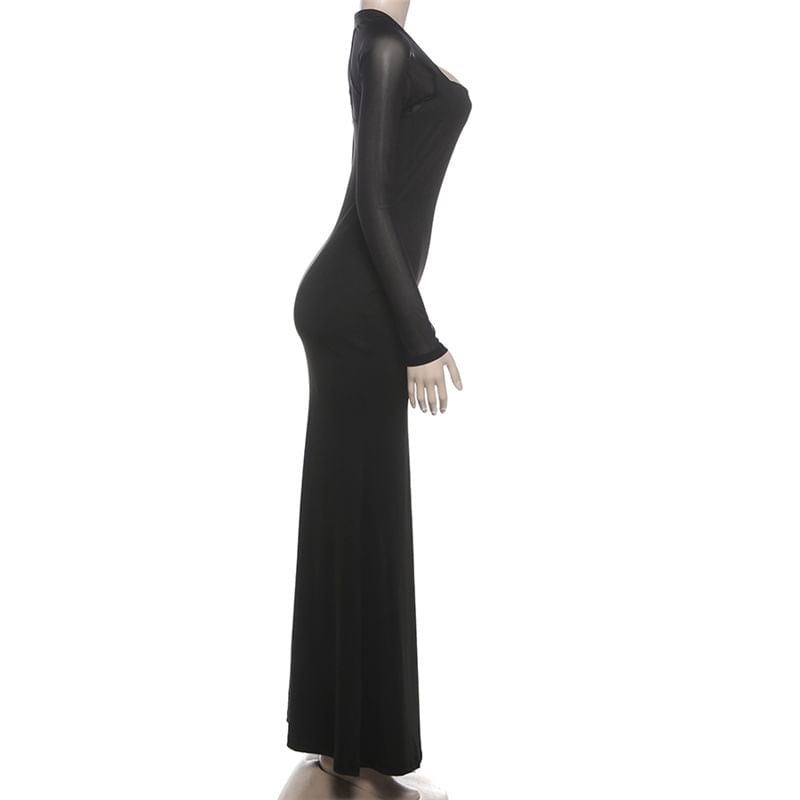 Long Sleeve Square Neck Plain Slit Panel Mesh Maxi Mermaid Dress