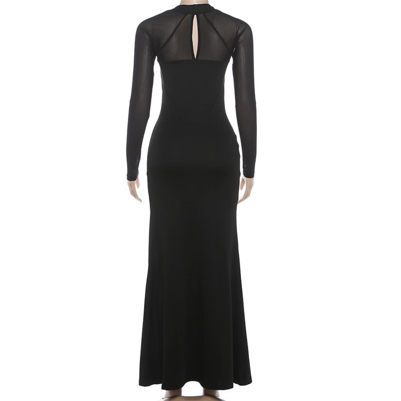 Long Sleeve Square Neck Plain Slit Panel Mesh Maxi Mermaid Dress