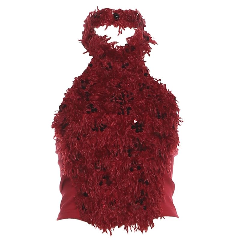 Sequin Fluffy Halter Crop Top