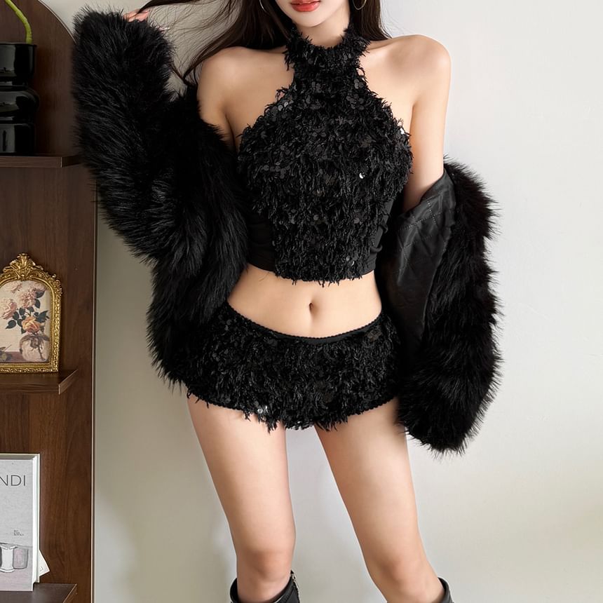 Sequin Fluffy Halter Crop Top
