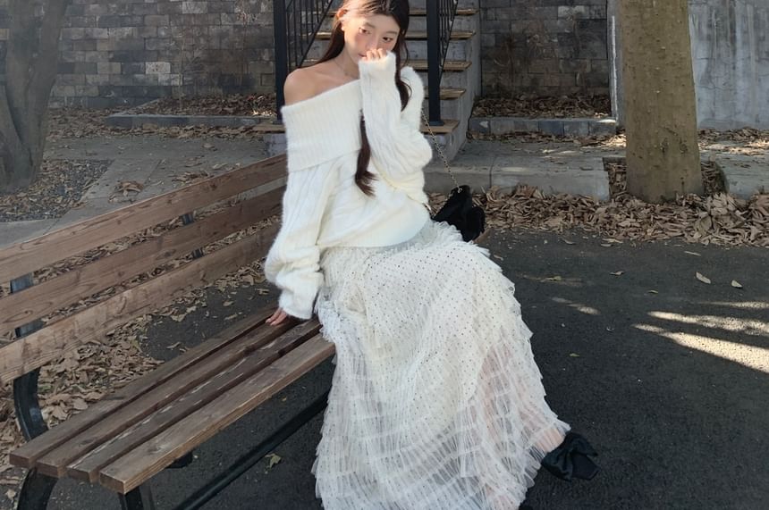 Off Shoulder Cable Knit Sweater with Tiered Mesh Maxi Skirt Set