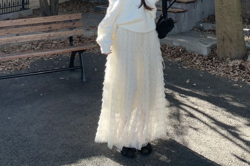 Off Shoulder Cable Knit Sweater with Tiered Mesh Maxi Skirt Set
