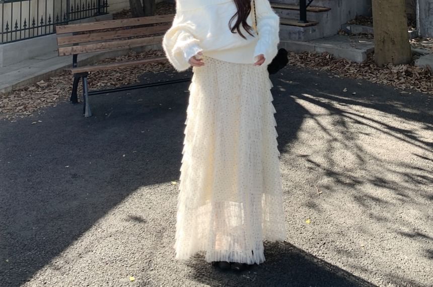 Off Shoulder Cable Knit Sweater with Tiered Mesh Maxi Skirt Set