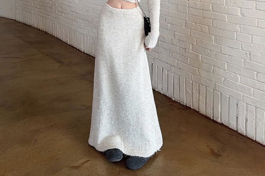 Melange Ribbed Crop Top with Maxi A-Line Skirt Set