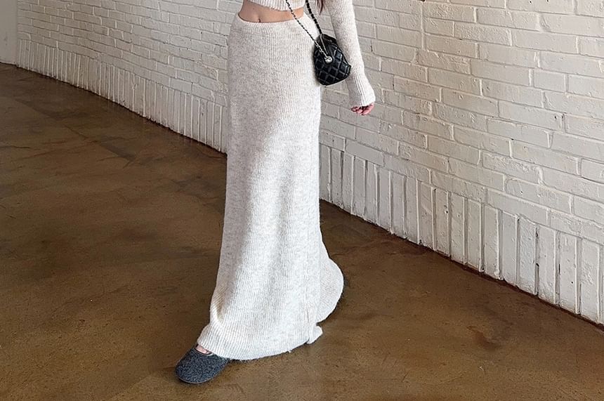 Melange Ribbed Crop Top with Maxi A-Line Skirt Set