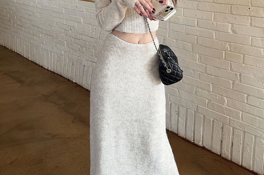 Melange Ribbed Crop Top with Maxi A-Line Skirt Set