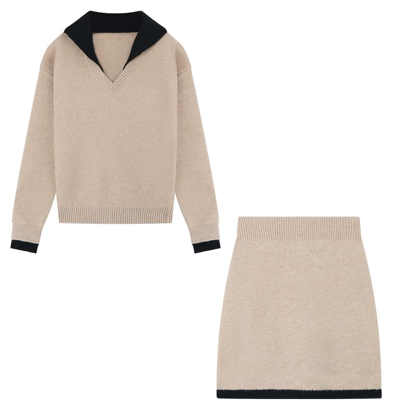 Collared Mock Two Piece Sweater with Knit Mini A-Line Skirt Set