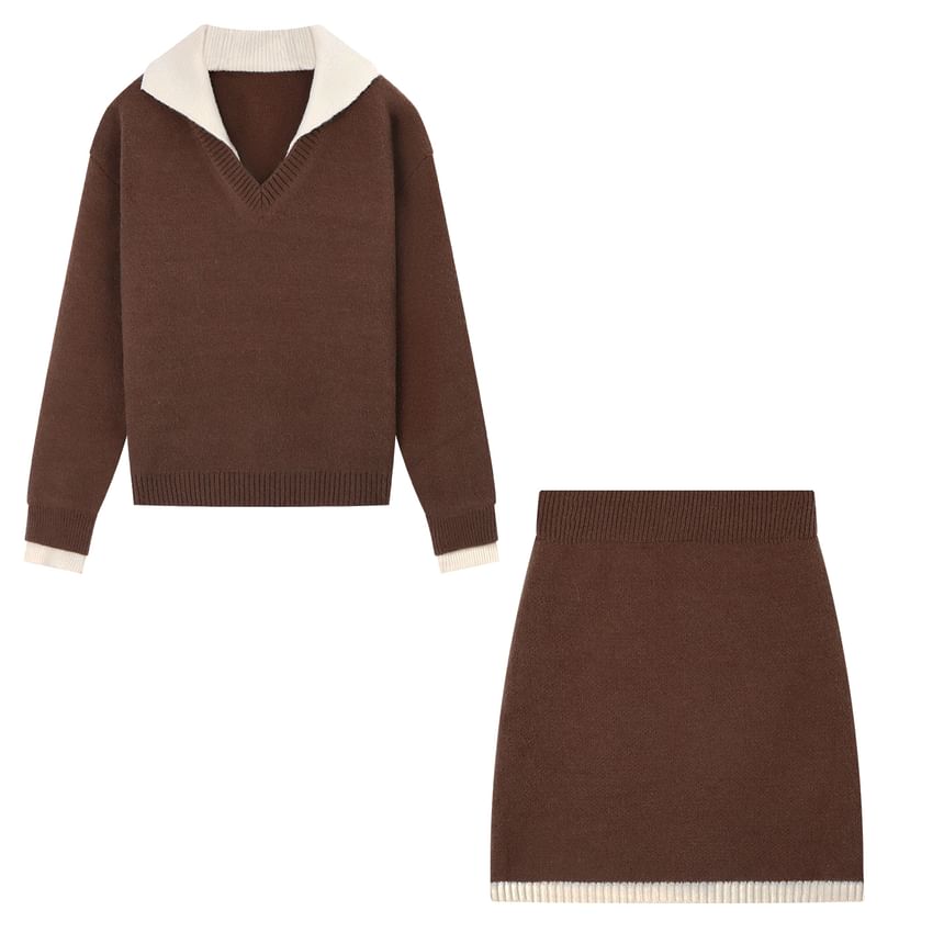 Collared Mock Two Piece Sweater with Knit Mini A-Line Skirt Set