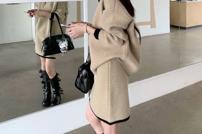 Collared Mock Two Piece Sweater with Knit Mini A-Line Skirt Set