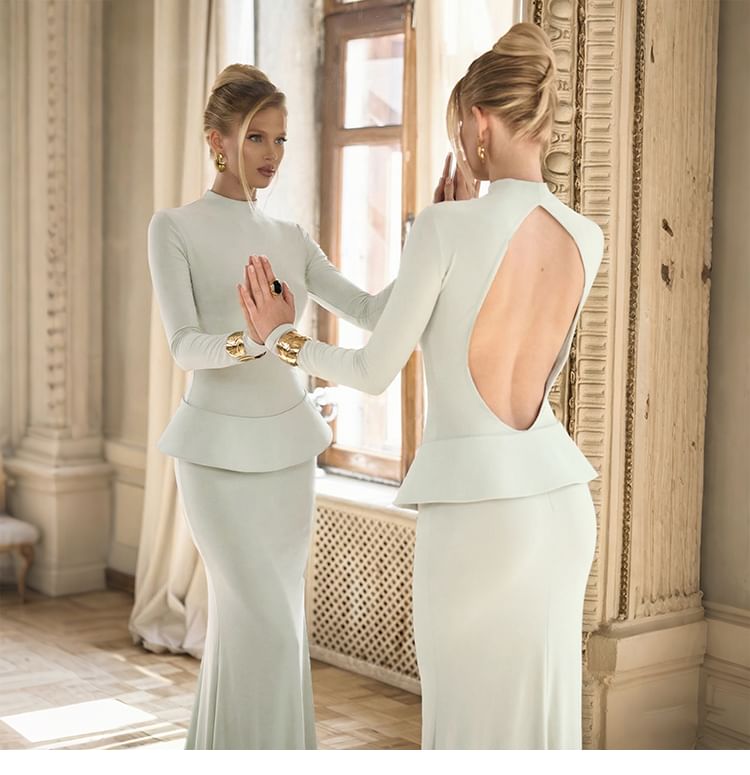 Long-Sleeve Mock Neck Plain Maxi Sheath Dress