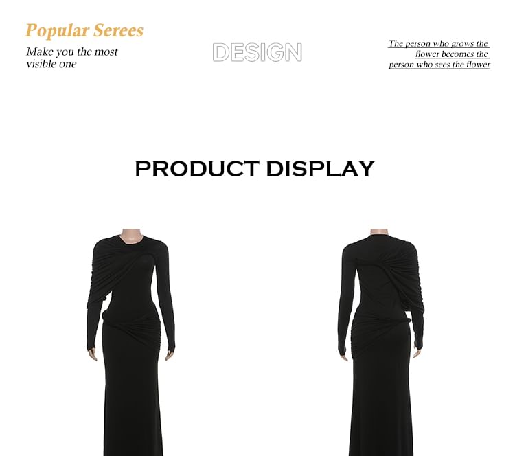 Long-Sleeve Asymmetrical Plain Maxi Sheath Dress
