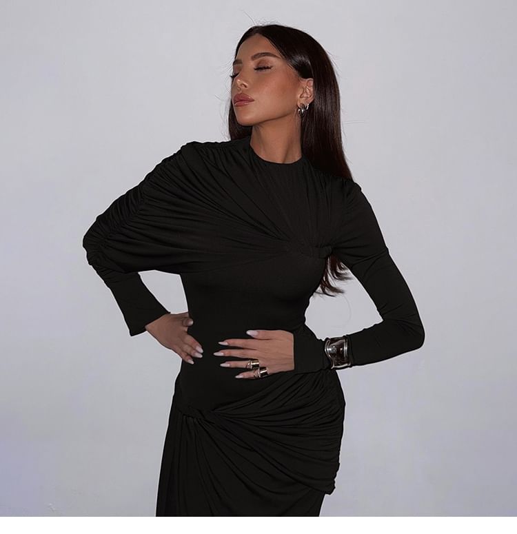 Long-Sleeve Asymmetrical Plain Maxi Sheath Dress
