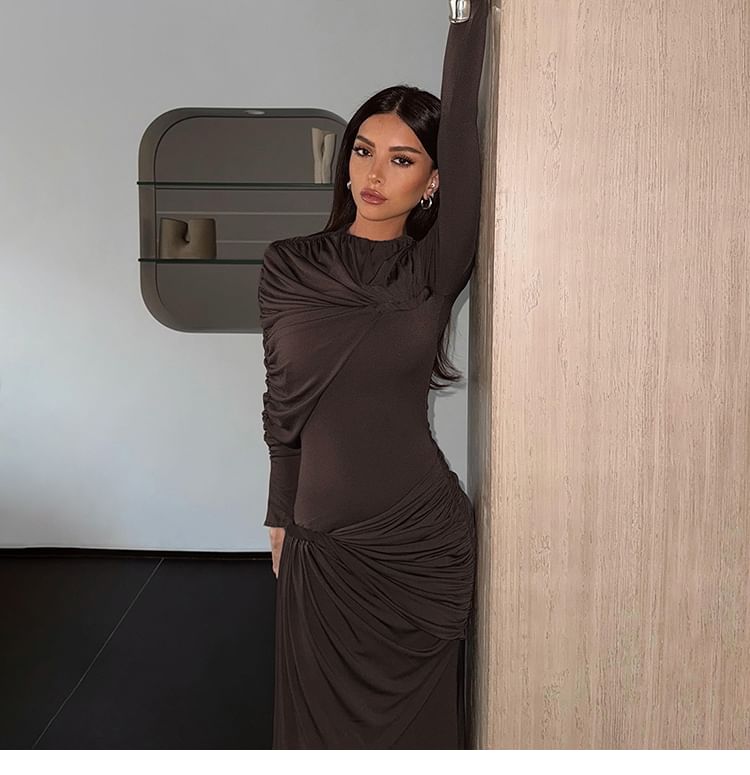 Long-Sleeve Asymmetrical Plain Maxi Sheath Dress