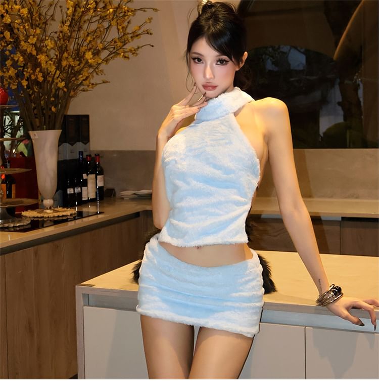 Furry Crop Top and Mini Skirt Set