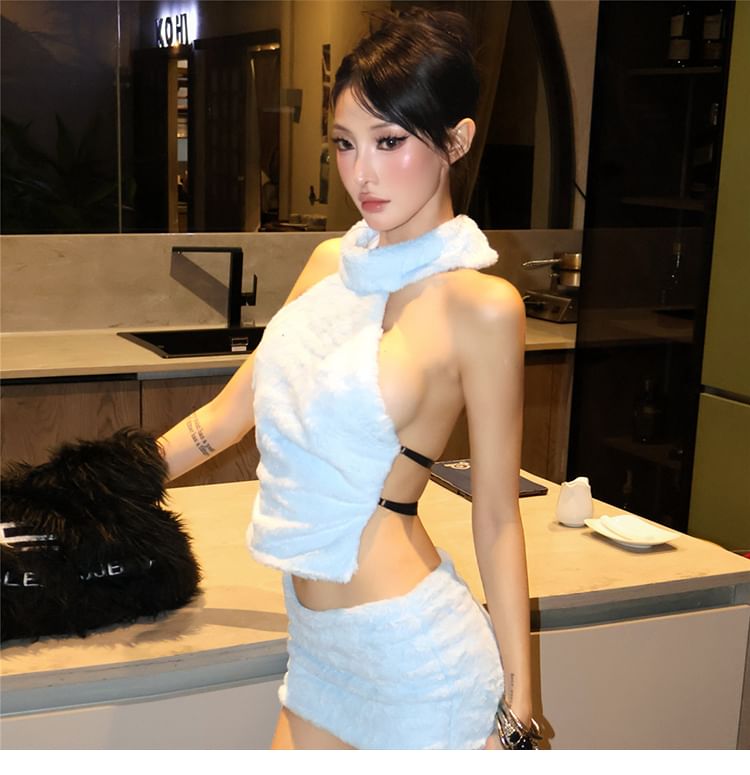 Furry Crop Top and Mini Skirt Set