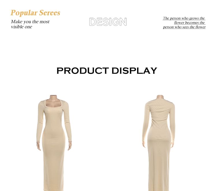 Long-Sleeve Square Neck Plain Maxi Sheath Dress