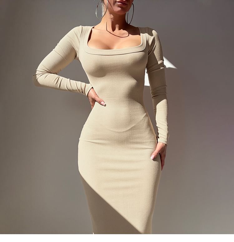 Long-Sleeve Square Neck Plain Maxi Sheath Dress