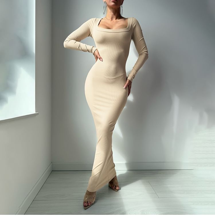 Long-Sleeve Square Neck Plain Maxi Sheath Dress