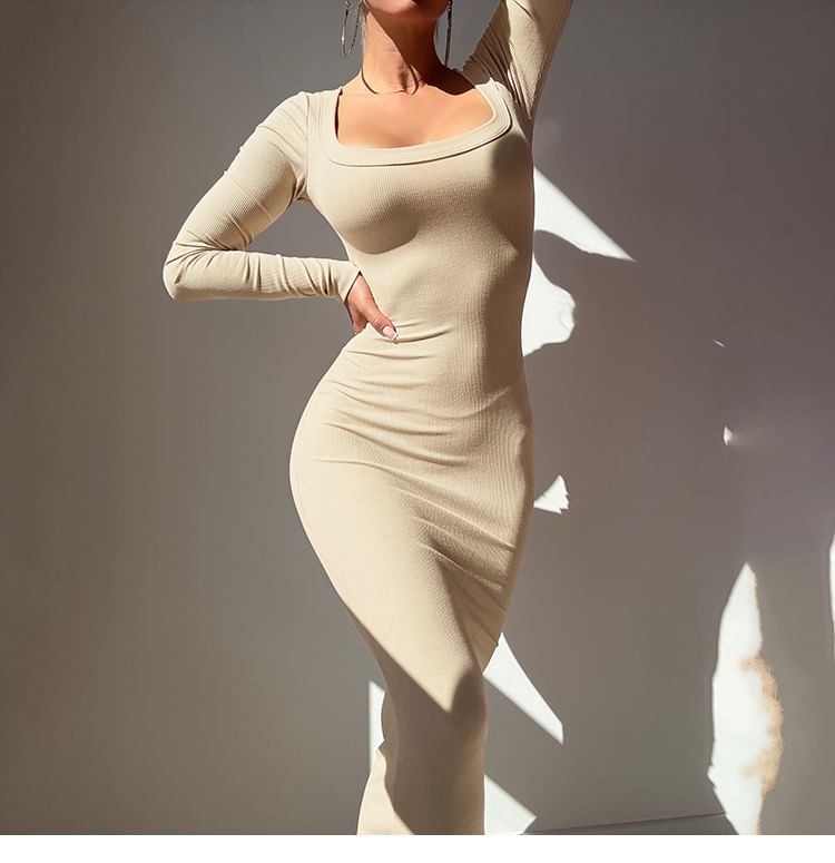 Long-Sleeve Square Neck Plain Maxi Sheath Dress