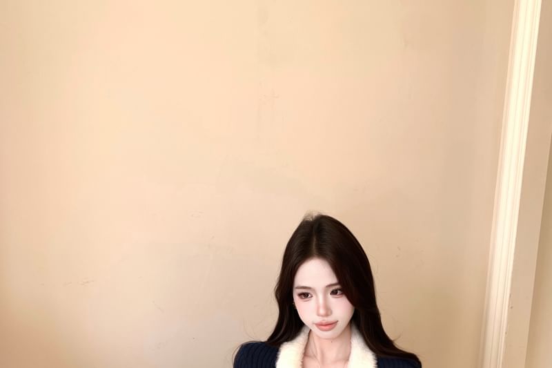 Collared Fluffy Panel Button-Up Crop Cardigan