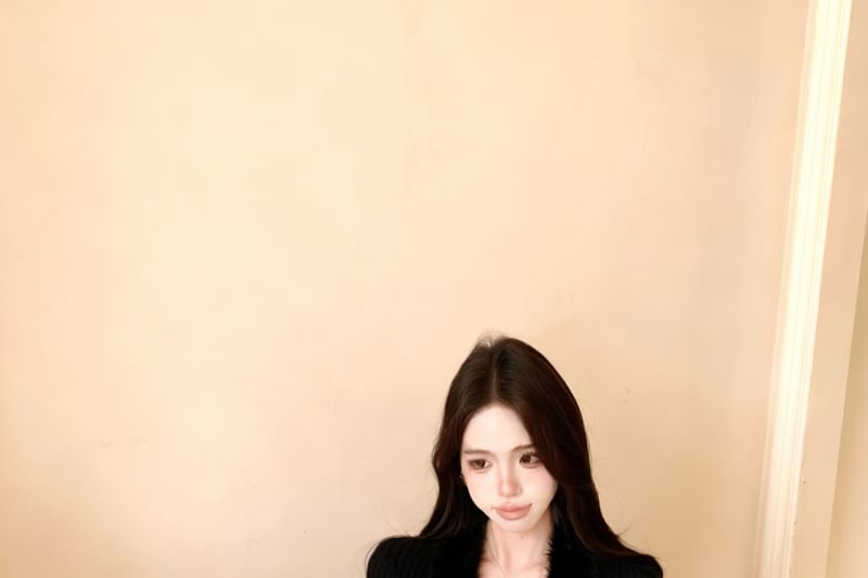 Collared Fluffy Panel Button-Up Crop Cardigan