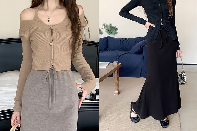 Drawstring Waist Maxi Fishtail Skirt in Solid Color