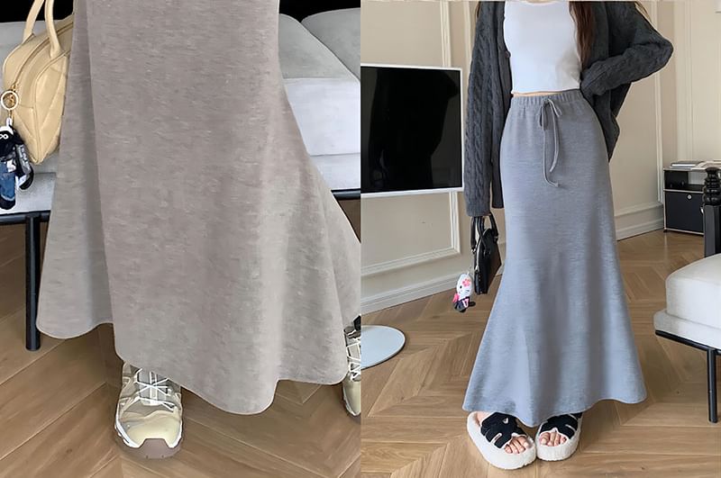 Drawstring Waist Maxi Fishtail Skirt in Solid Color