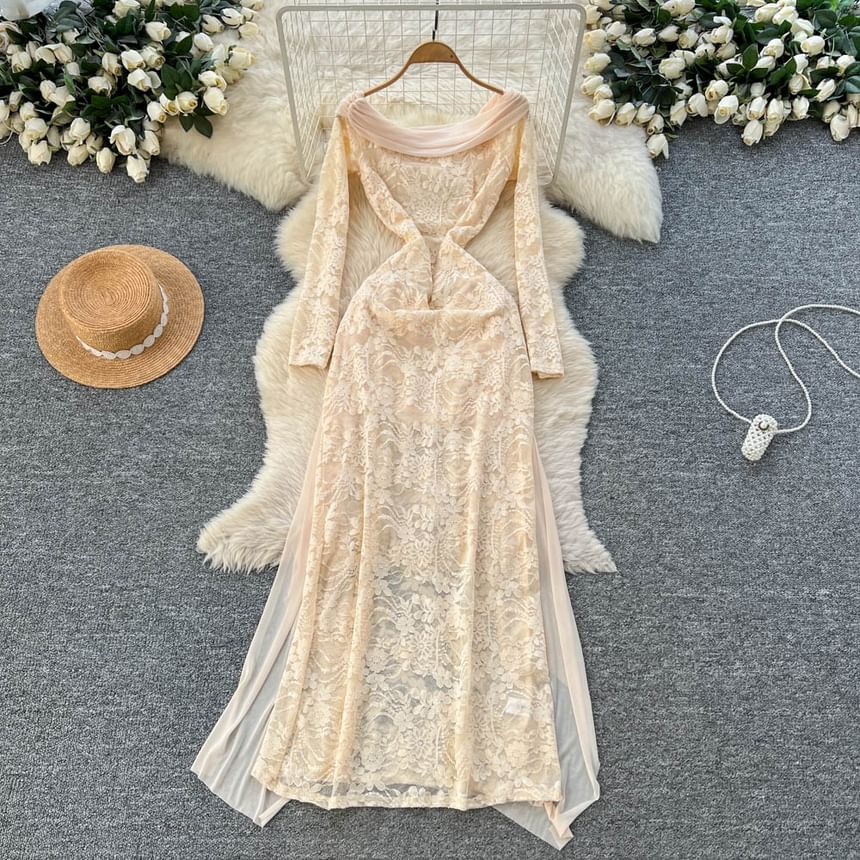Long Sleeve Boat Neck Plain Mesh Panel Lace Maxi Sheath Dress
