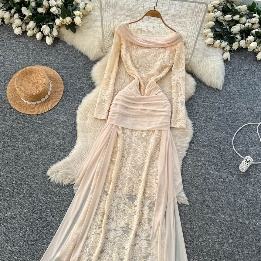 Long Sleeve Boat Neck Plain Mesh Panel Lace Maxi Sheath Dress