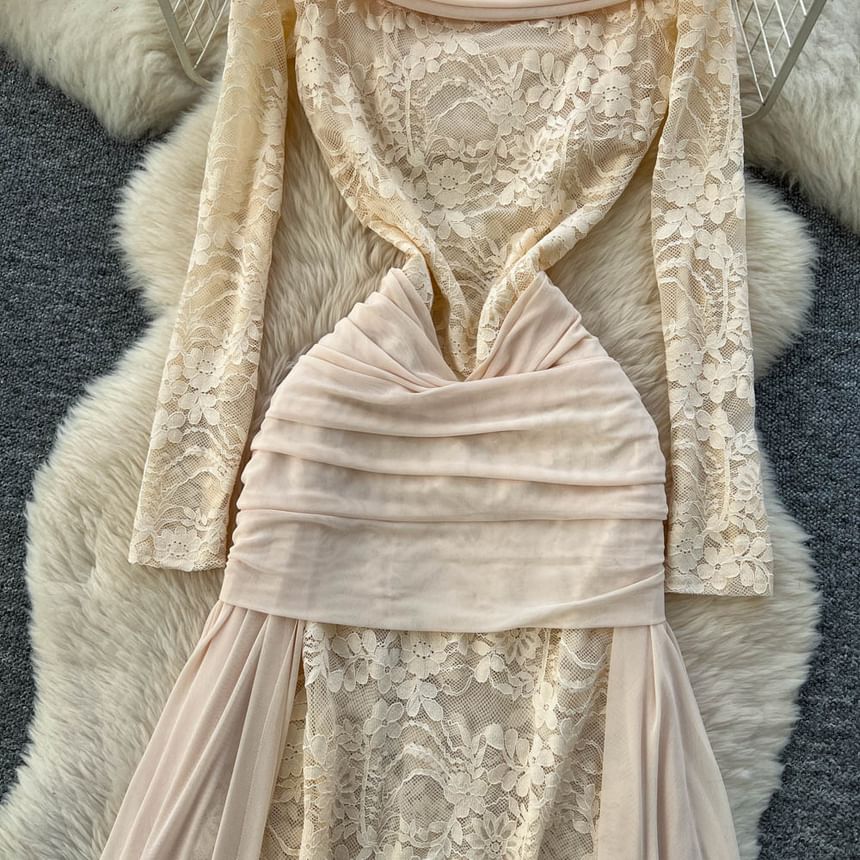 Long Sleeve Boat Neck Plain Mesh Panel Lace Maxi Sheath Dress