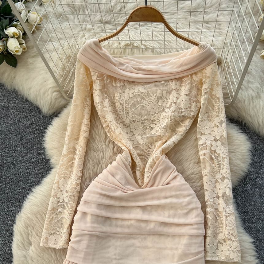 Long Sleeve Boat Neck Plain Mesh Panel Lace Maxi Sheath Dress