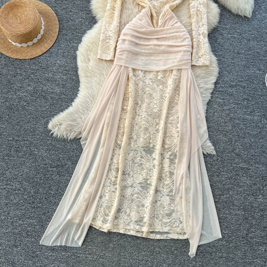 Long Sleeve Boat Neck Plain Mesh Panel Lace Maxi Sheath Dress