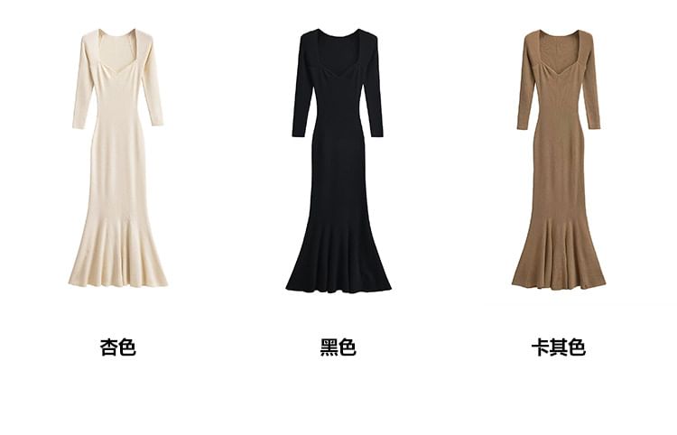 Long-Sleeve Sweetheart Neckline Plain Maxi Sheath Dress