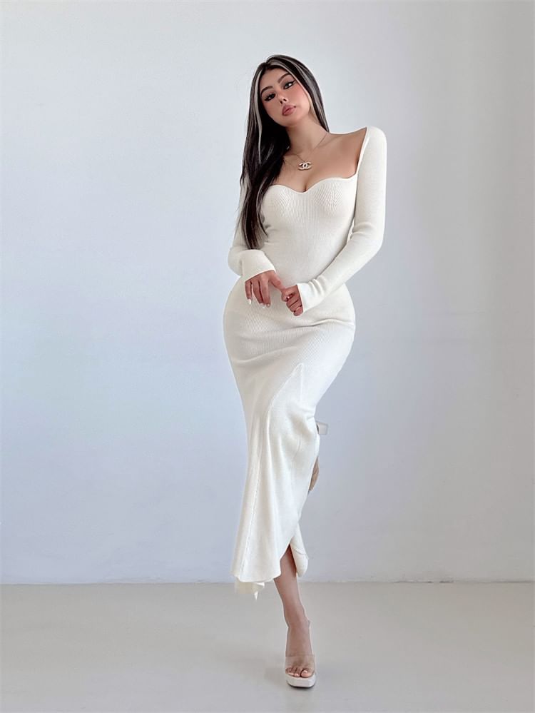 Long-Sleeve Sweetheart Neckline Plain Maxi Sheath Dress