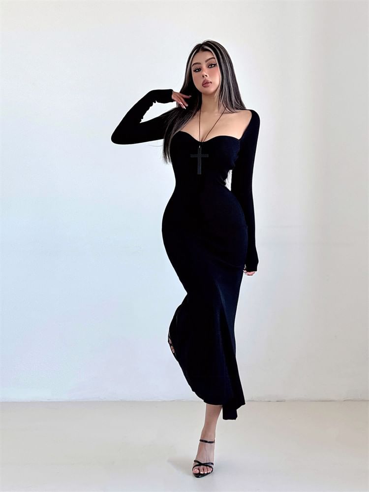 Long-Sleeve Sweetheart Neckline Plain Maxi Sheath Dress